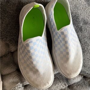 Light Blue and White Check Slip-On Sneakers with Neon Green Insole